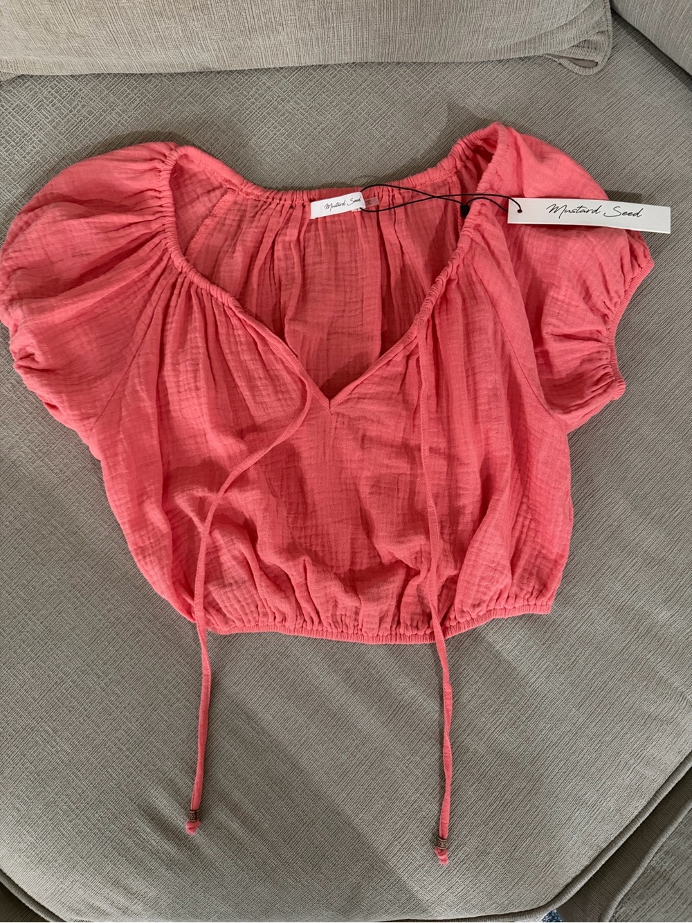 Mustard Seed Coral Gauze Puff Sleeve Tie Front Crop Top NWT
